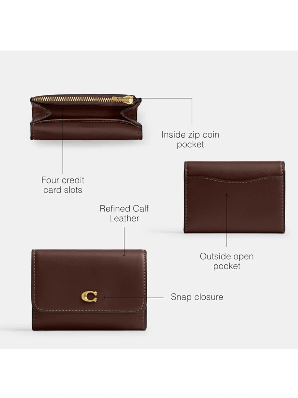 Coach Maple Leather Essential Flap Compact Wallet with Gold - New